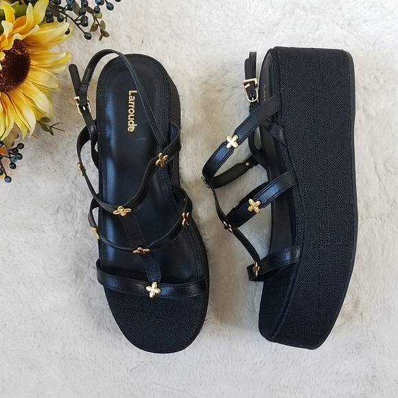 Larroude Harmony Flatform Sandals In Black Raffia - Picture 1 of 10